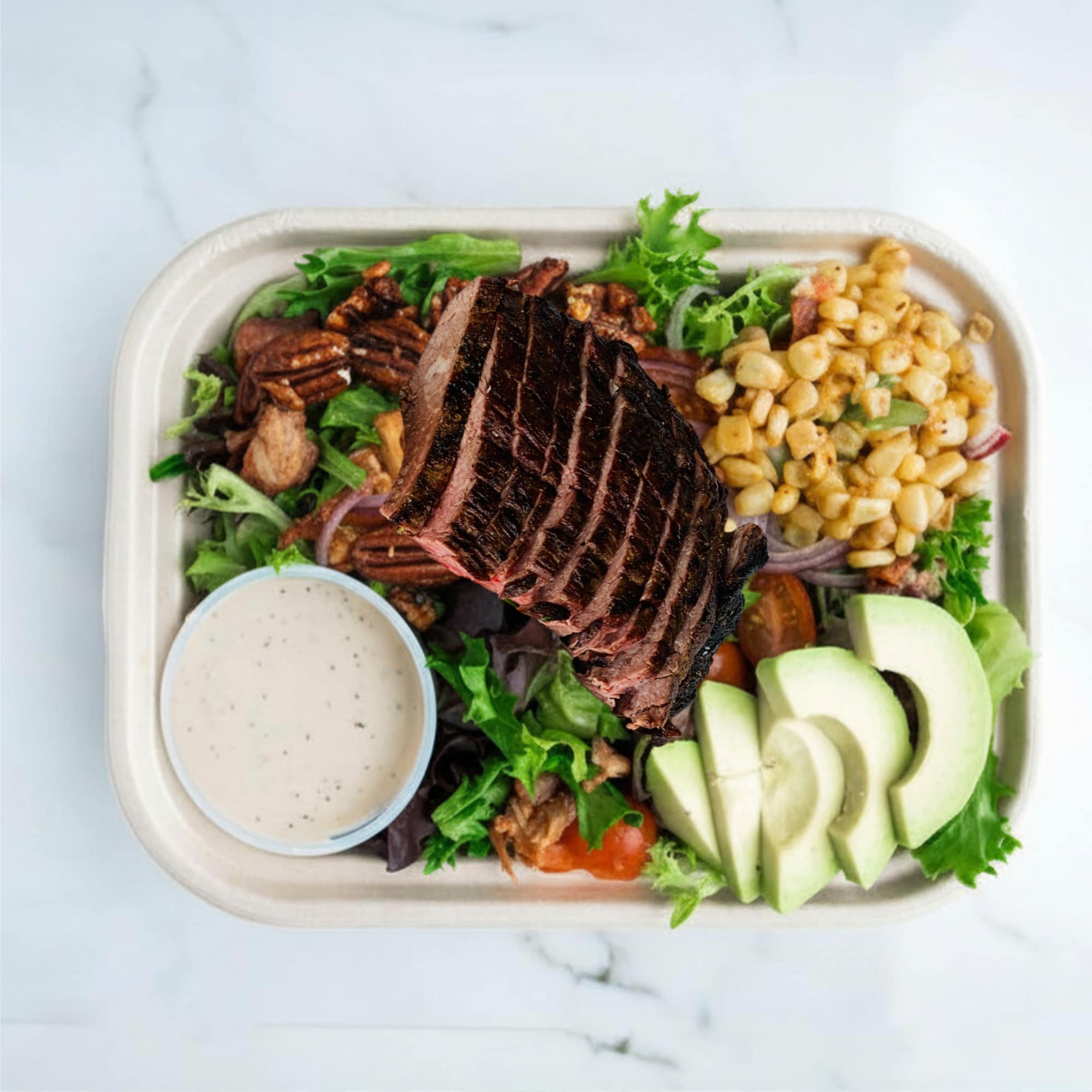 Salad: Honey Mustard Bacon, and Avocado Salad – Flank steak (Family)
