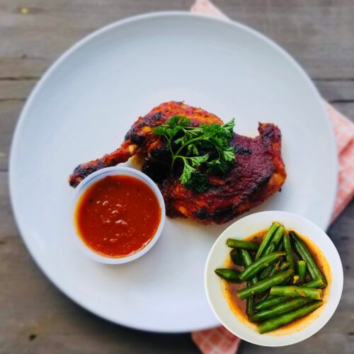 Smoked BBQ chicken leg quarters with braised green bean