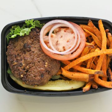 Beef black bean burger with baked sweet potato