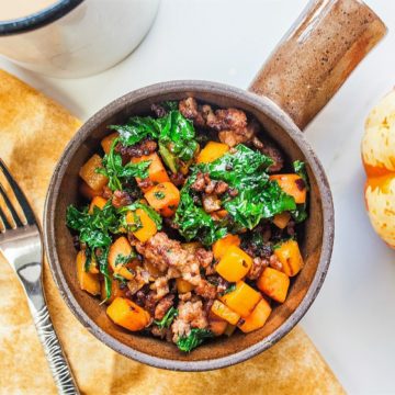 Breakfast: Butternut squash, sweet potato, kale and sausage skillet