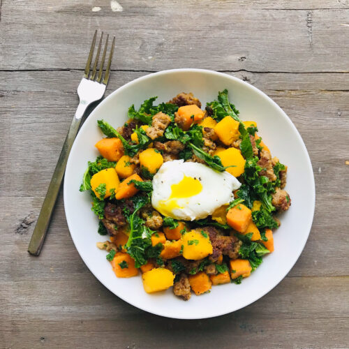 Breakfast: Butternut squash, sweet potato, kale and sausage skillet