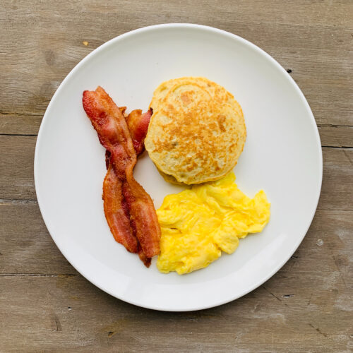 Breakfast: Blueberry protein pancakes and egg scramble