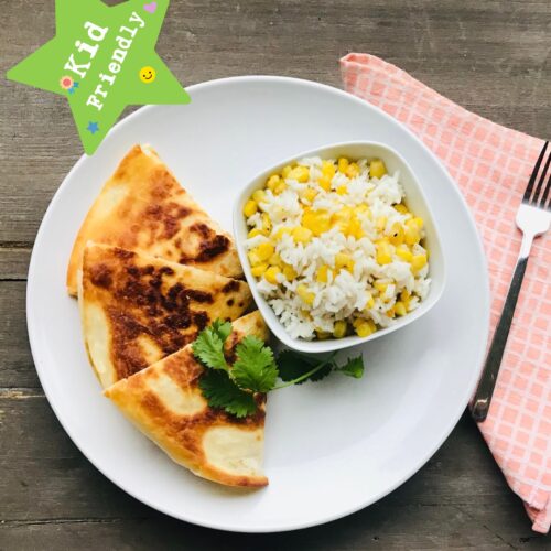 Kid's Menu: Chicken and cheese quesadillas with corn and rice