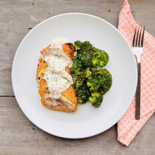 Chicken cordon bleu with roasted broccoli