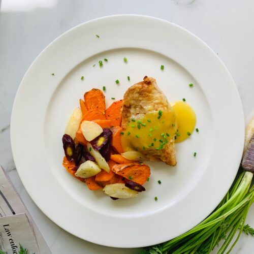 Lemon chive chicken with roasted carrots and broccolini