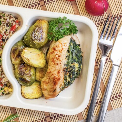 Spinach stuffed chicken breast with honey brussels sprouts