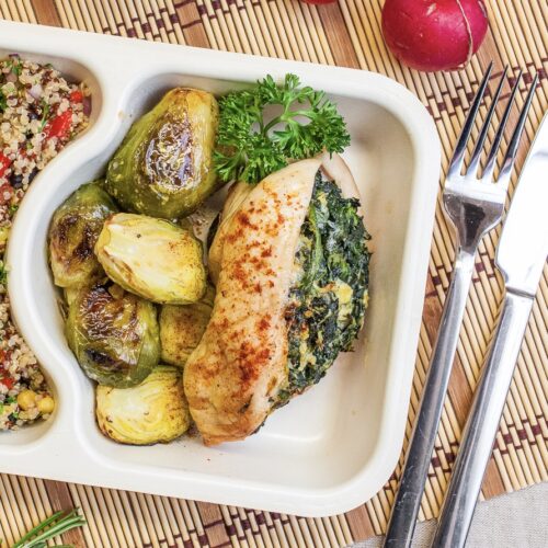 Stuffed chicken breast with roasted brussels sprouts