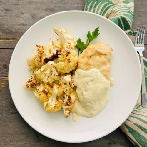Creamy dijon chicken with roasted cauliflower
