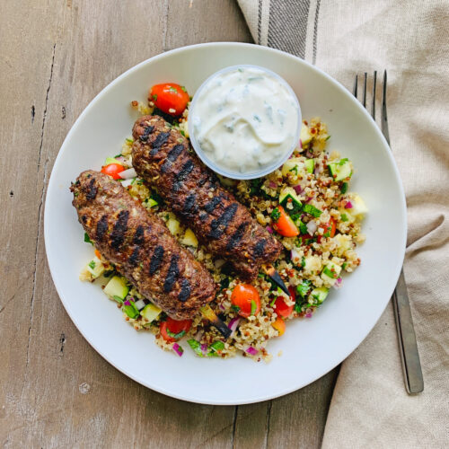 Grilled lamb kebabs with quinoa tabbouleh