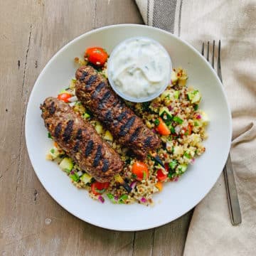 Grilled lamb kebabs with quinoa tabbouleh