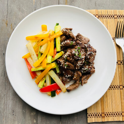 Mongolian beef with jicama and vegetables stir fry