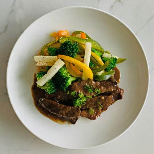 Mongolian beef with jicama and vegetables stir fry
