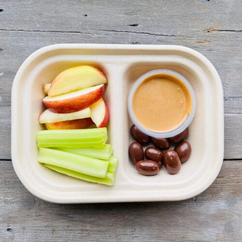 Snack Pack: Peanut butter cup, apple, celery sticks & chocolate covered almond