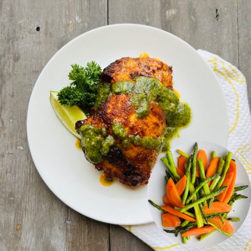 Grilled Peruvian chicken thigh with asparagus & carrot