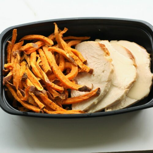Roasted turkey breast with roasted sweet potato fries
