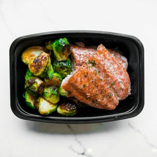 Pesto salmon with roasted brussel sprouts