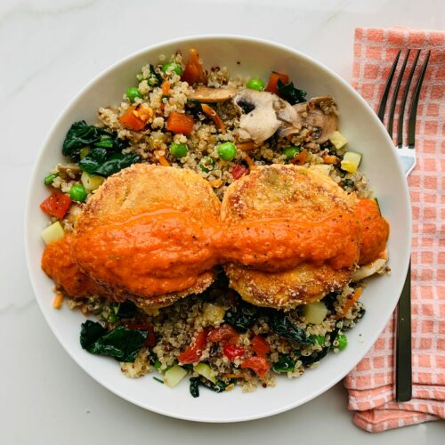 Salmon cakes with Spring vegetable quinoa