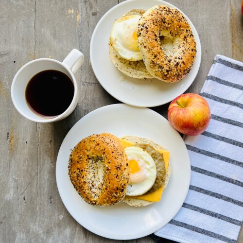 Breakfast Sandwiches(2): Pork sausage and egg on Everything bagel