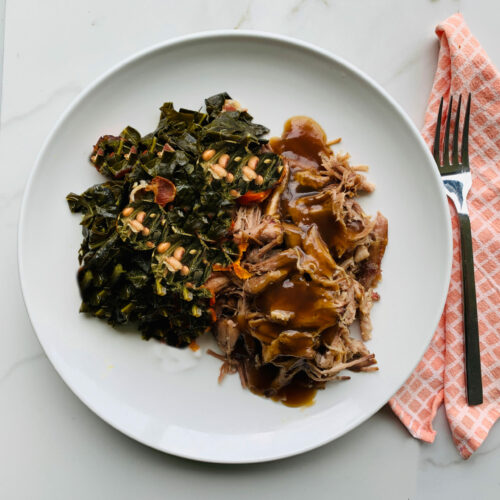 Pulled pork with braised collard green