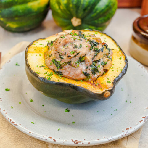 Caramelized sausage stuffed acorn squash