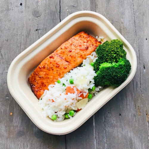 Kid's Menu: teriyaki salmon and rice pilaf