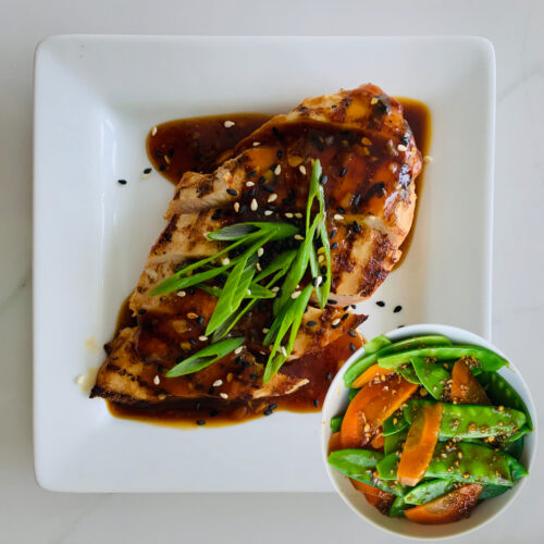 Teriyaki chicken served with snap peas