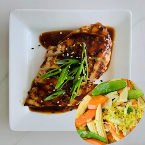 Teriyaki chicken served with asian vegetable