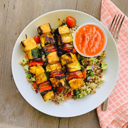 Vegetarian: Grilled tofu kebabs with spring vegetable quinoa