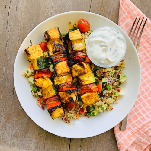 Vegetarian: Grilled tofu kebabs with spring quinoa