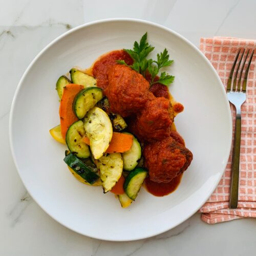 Turkey meatballs with grilled zucchini and squash