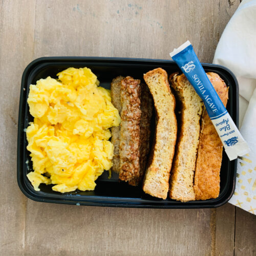 Breakfast: turkey sausage and scrambled eggs