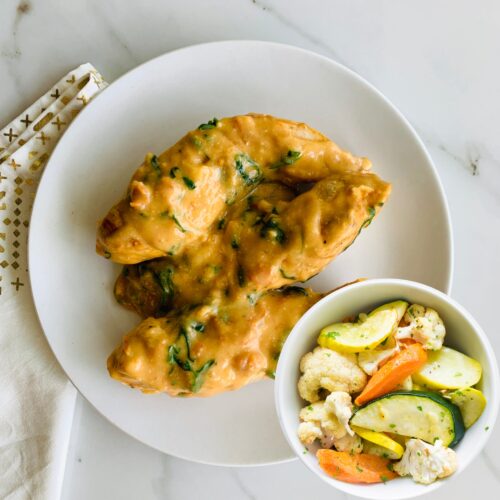 Tuscan chicken skillet with oven roasted vegetables