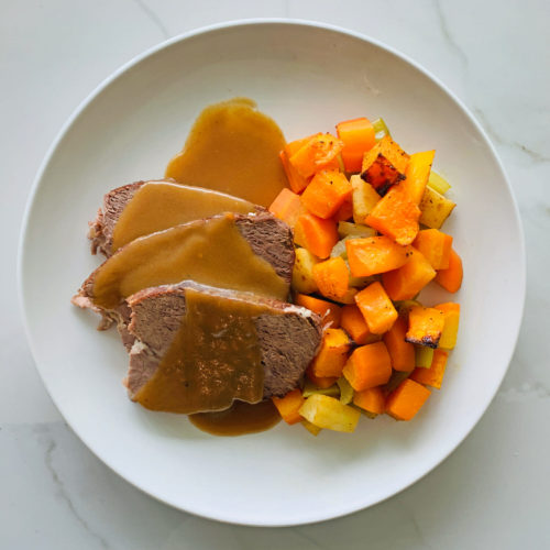 Braised beef short ribs with roasted root vegetables