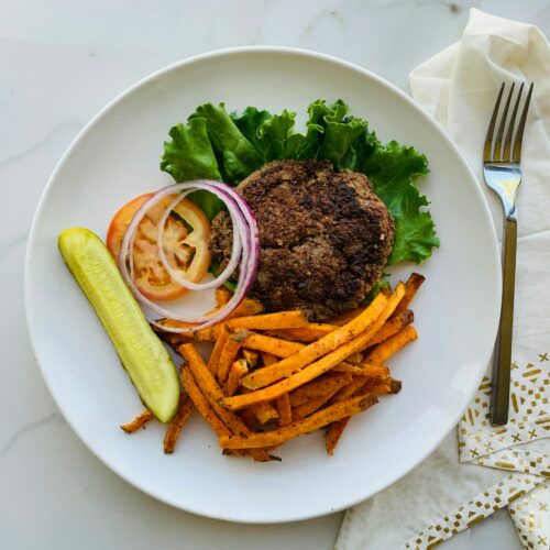 Beef black bean burger with baked sweet potato