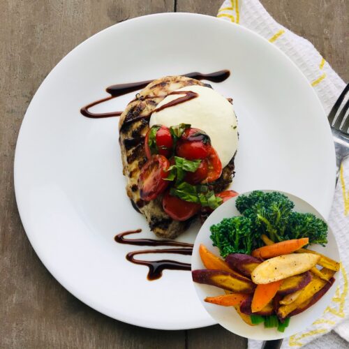 Caprese chicken with broccolini and carrots