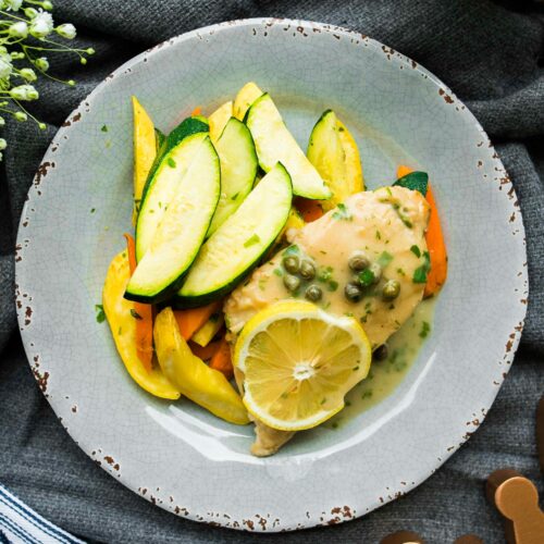 Chicken piccata with oven roasted vegetables
