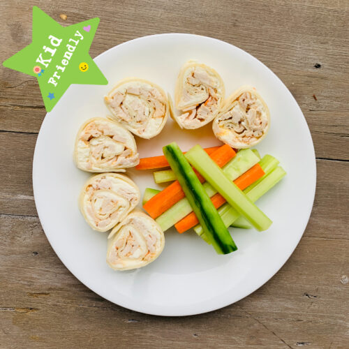 Kid's Menu: chicken tortilla rollups with veggie sticks