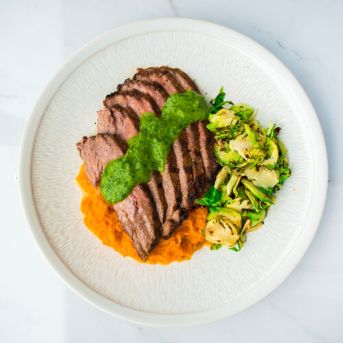 Grilled flank steak with brussel sprouts