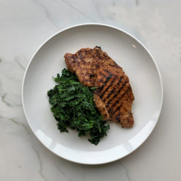 Grilled lemongrass pork loin with kale