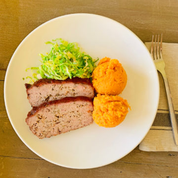 Meatloaf with mashed sweet potato and brussel sprout
