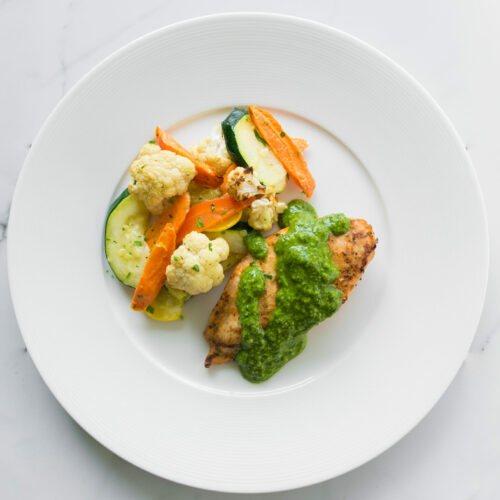 Grilled pesto chicken with oven roasted vegetable