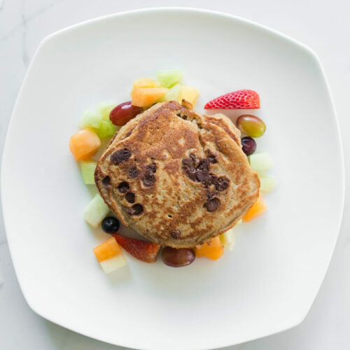 Pumpkin chocolate protein pancakes and fruit