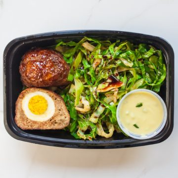 Turkey Scotch eggs served with stir fried cabbage noodle