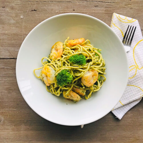 Shrimp scampi with pesto pasta