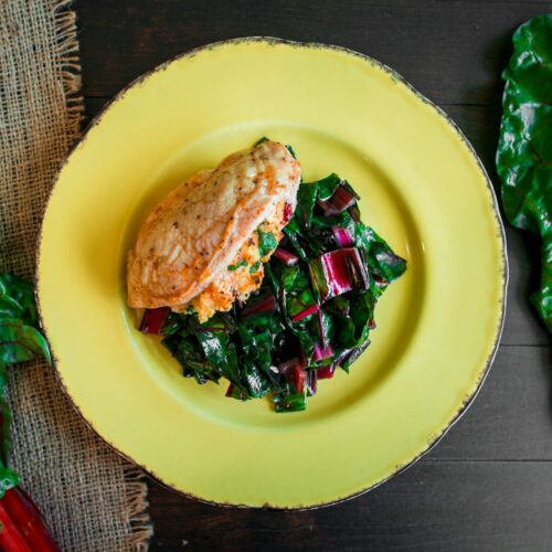 Stuffed chicken breast served with Swiss chard