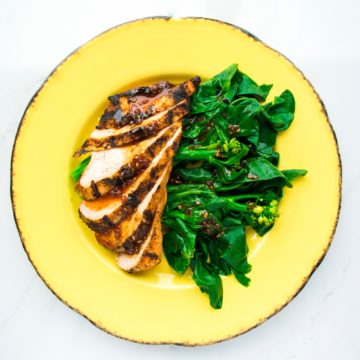 Teriyaki chicken served with Chinese broccoli