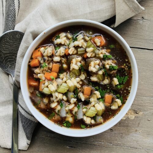 Vegan: vegetable barley stew